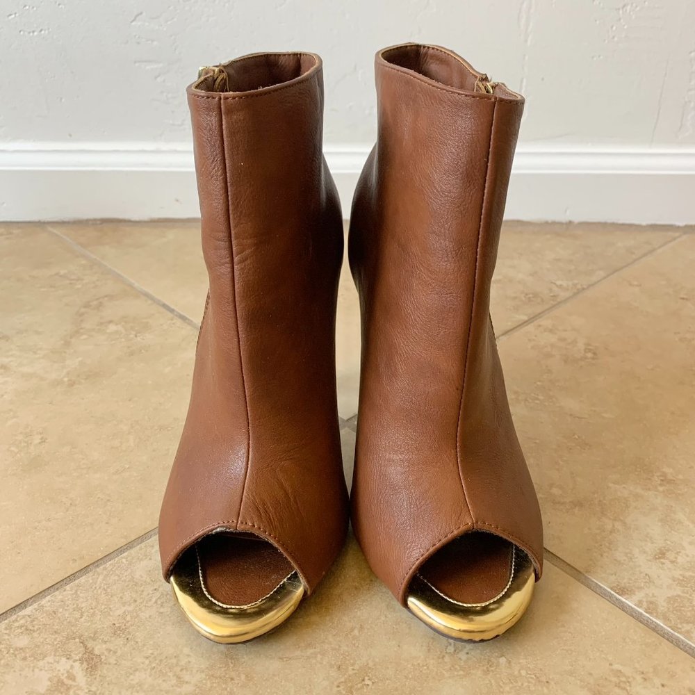 Open Peep Toe Zipper Ankle Bootie High Heel Stiletto Boots, Brown